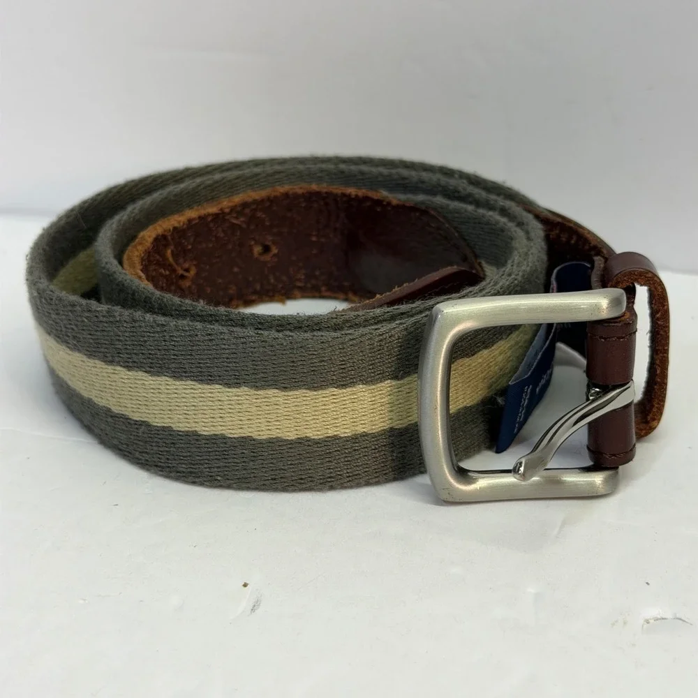 Vineyard Vines Mens Size 34 Striped Canvas Leather Belt Green Tan Preppy Whale